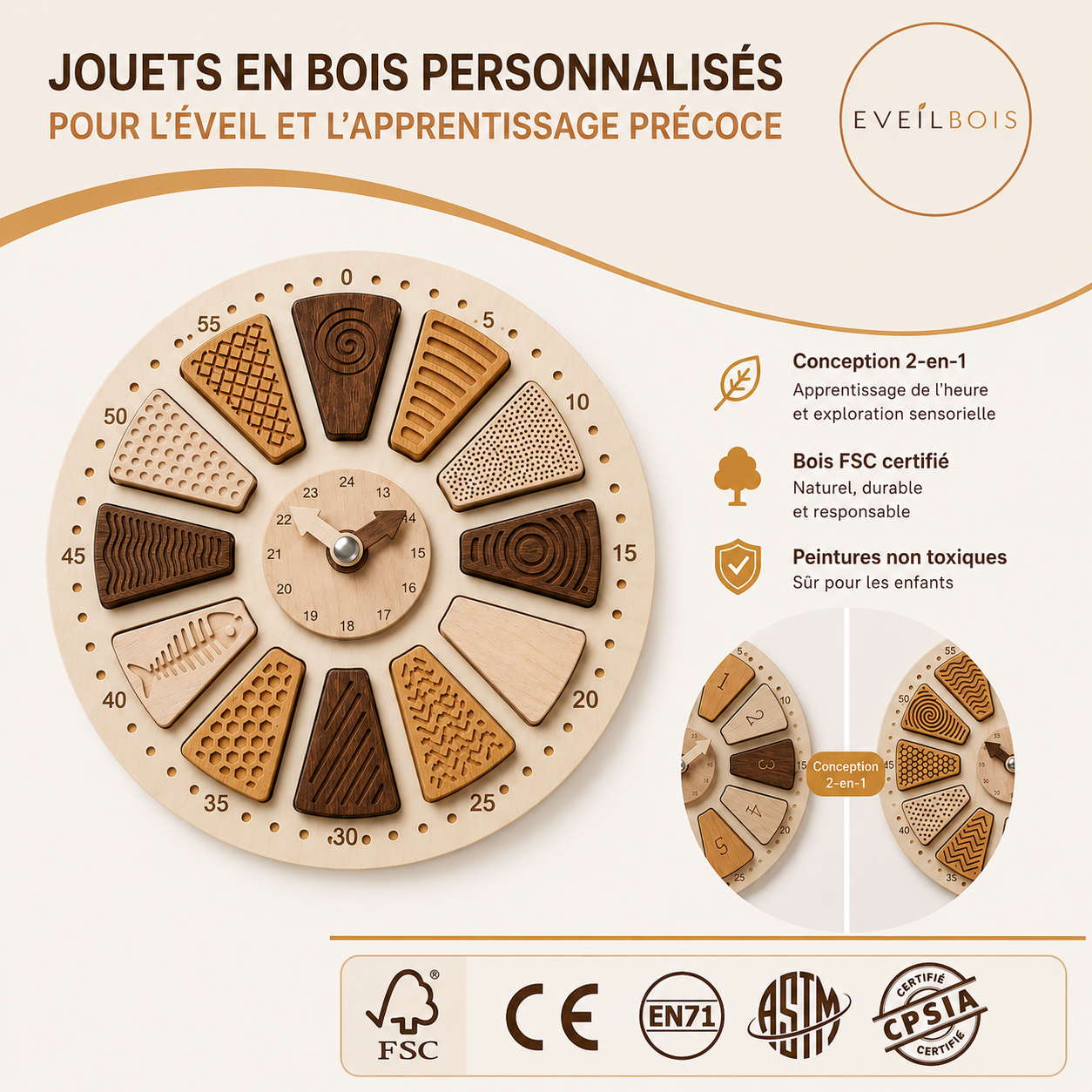 Éveilbois — Horloge sensorielle Montessori en bois 2-en-1