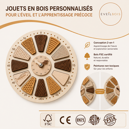Éveilbois — Horloge sensorielle Montessori en bois 2-en-1