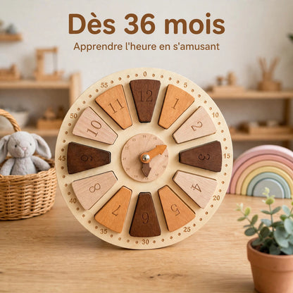 Éveilbois — Horloge sensorielle Montessori en bois 2-en-1