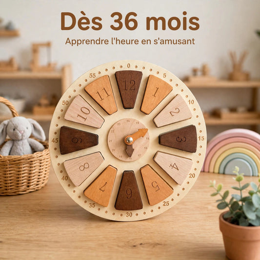 Éveilbois — Horloge sensorielle Montessori en bois 2-en-1