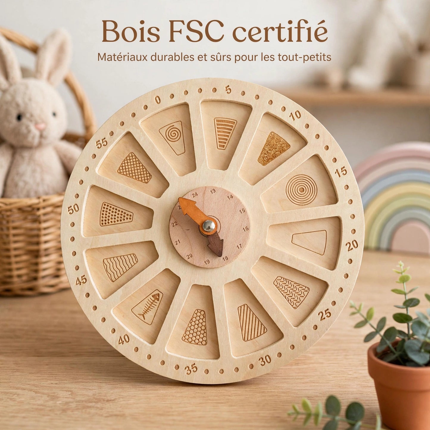 Éveilbois — Horloge sensorielle Montessori en bois 2-en-1