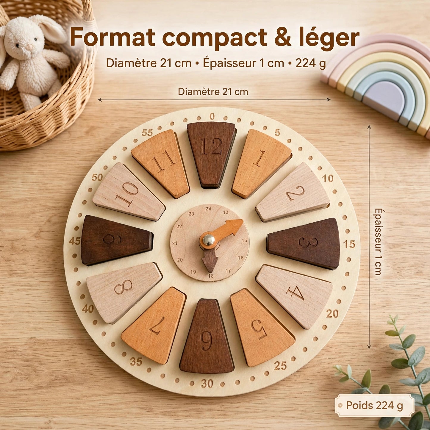 Éveilbois — Horloge sensorielle Montessori en bois 2-en-1