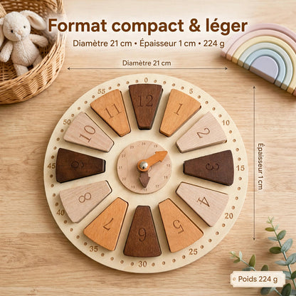 Éveilbois — Horloge sensorielle Montessori en bois 2-en-1