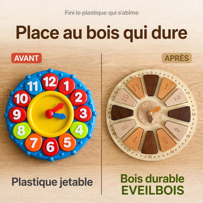 Éveilbois — Horloge sensorielle Montessori en bois 2-en-1